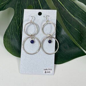 Handmade in USA Sterling Silver Double Hoop Earrings w/ Lapis Lazuli Dangle
